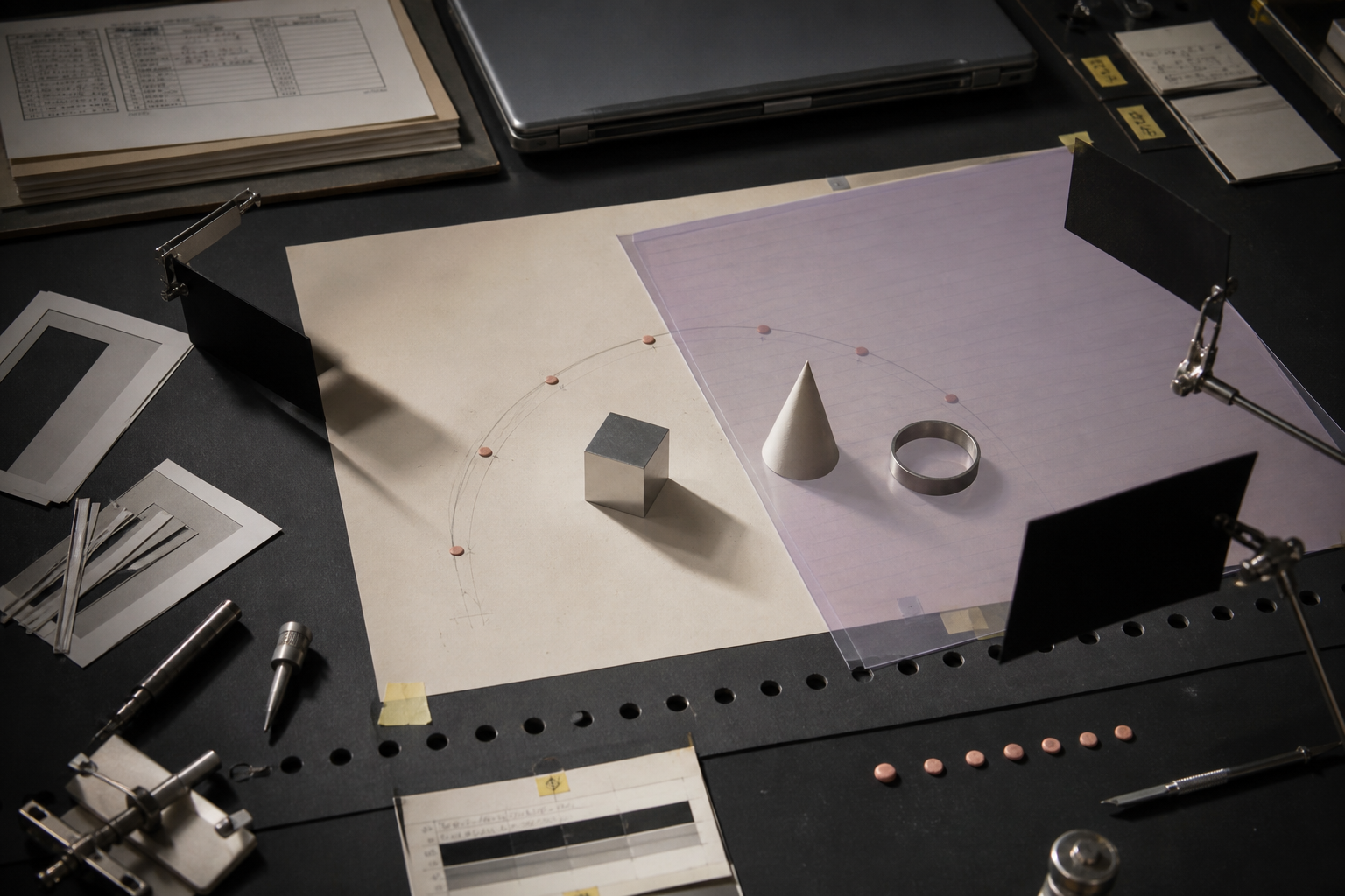 Matte production table with miniature object stage, onion-skin overlay and motion arcs