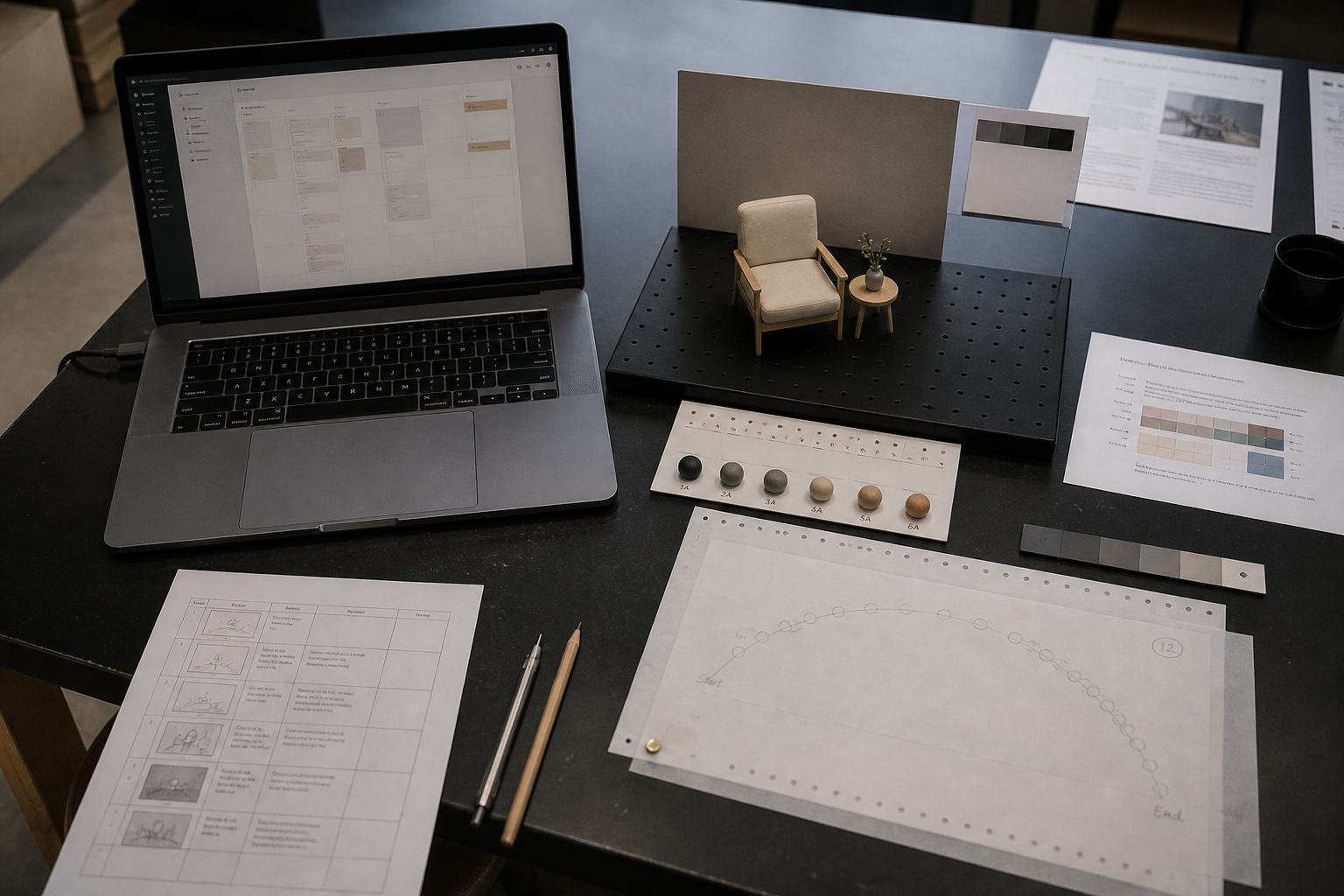 Laptop beside miniature stage and exposure cards